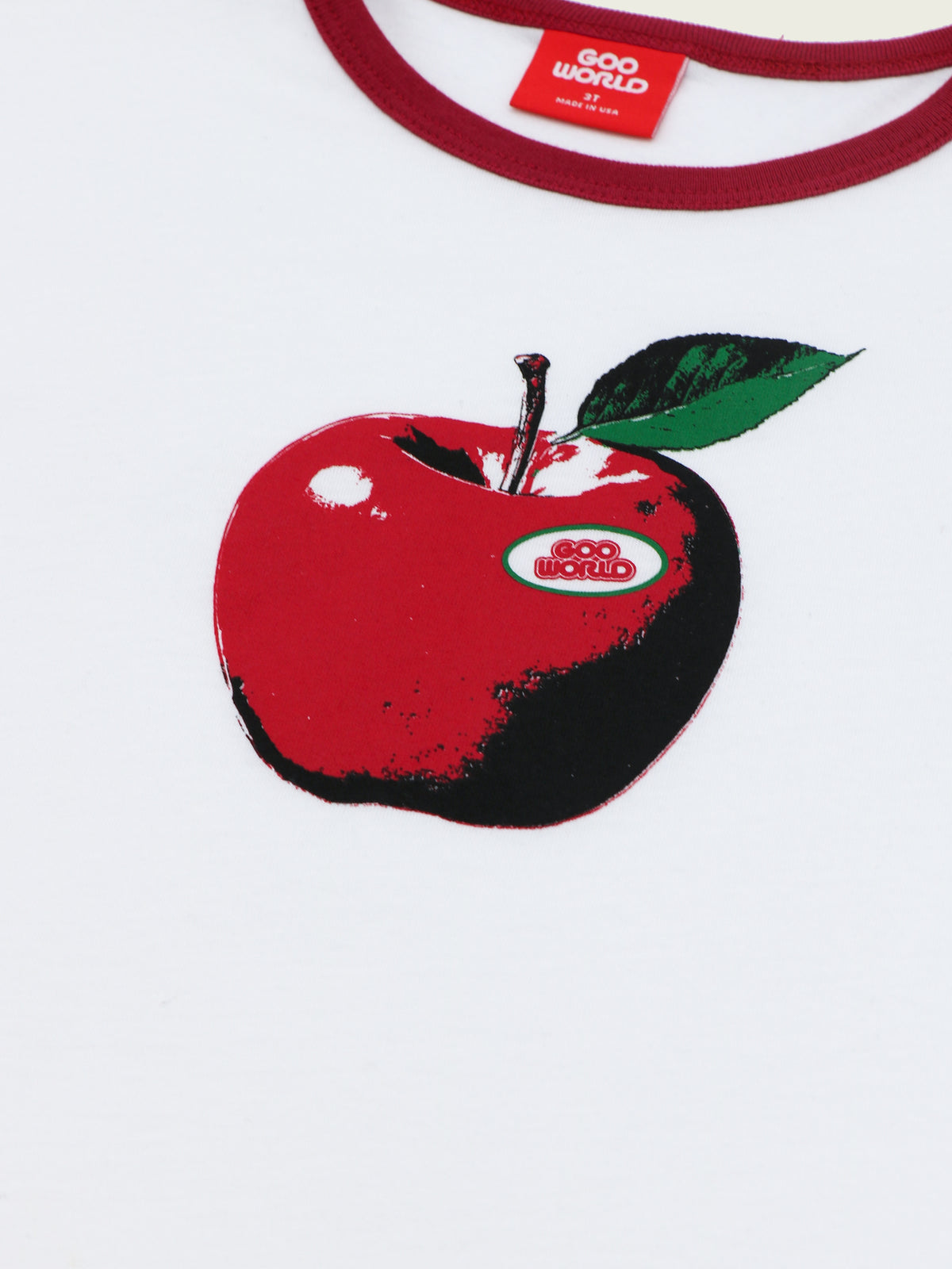 Goo World Apple graphic screen printed on white cotton ringer T-shirt