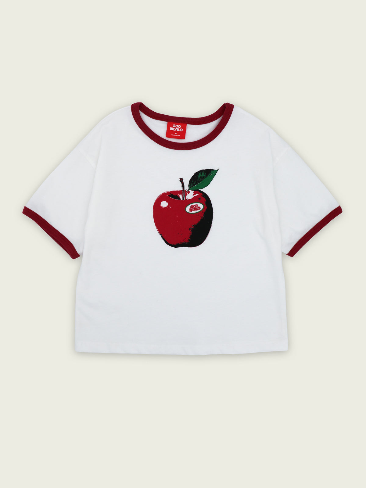 White 100% cotton Good Apple ringer T-shirt with red contrast ribbing