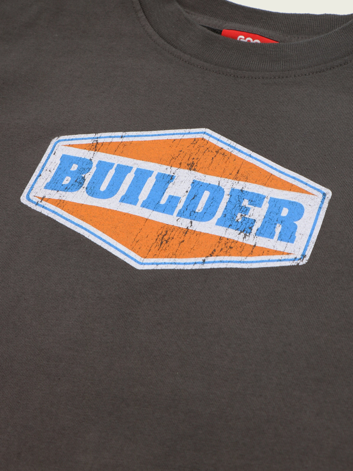 Builder graphic screen-printed on dark grey garment dyed heavyweight cotton long-sleeve T-shirt