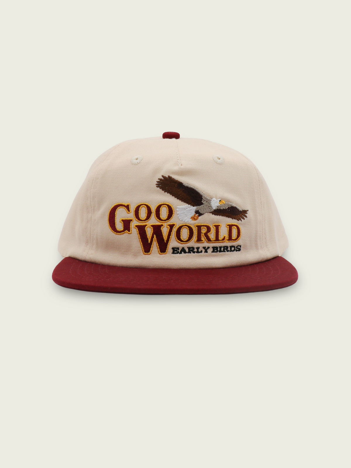 Wine and cream 100% cotton five-panel snapback with embroidered eagle graphic
