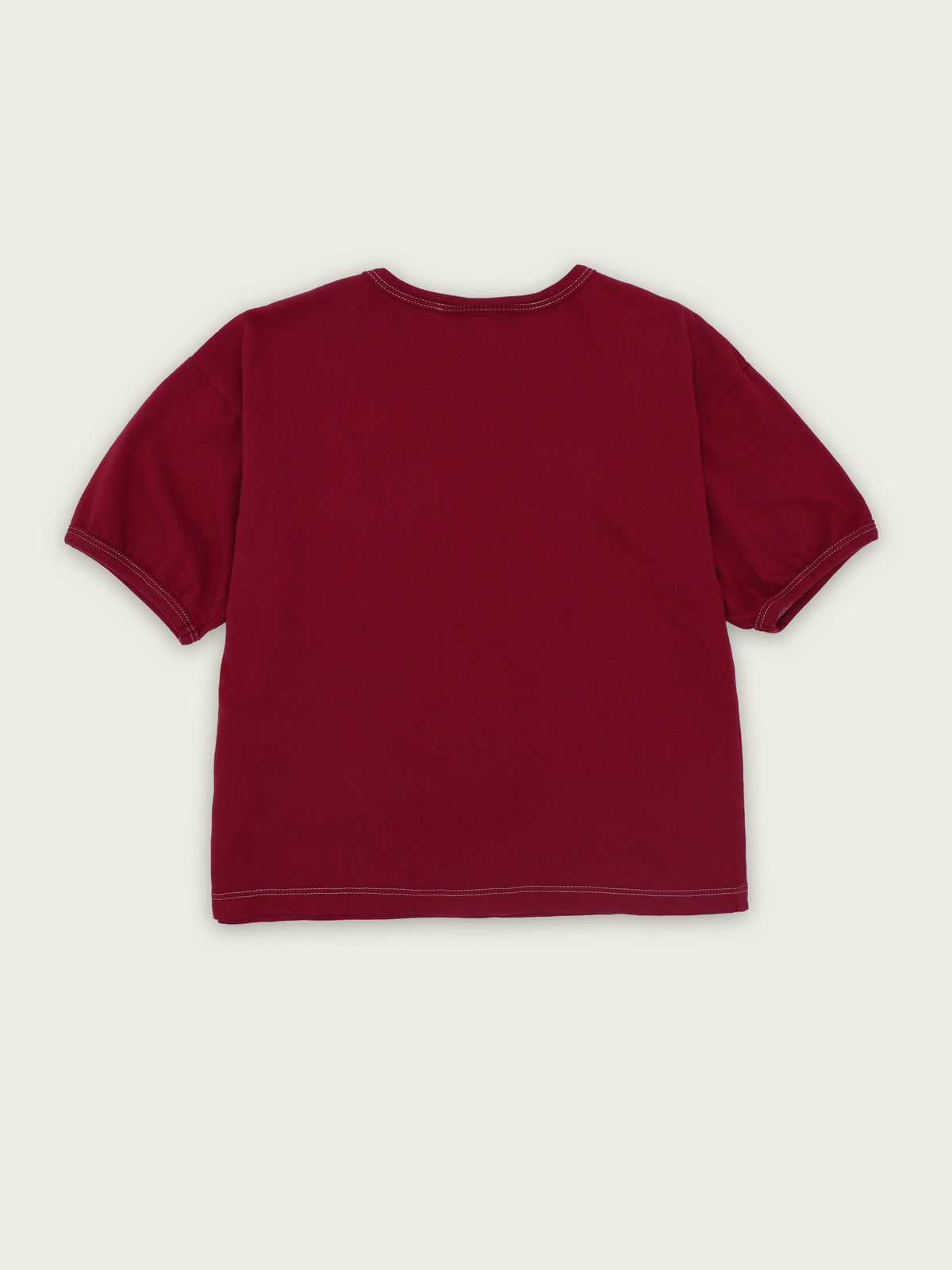 Back of burgundy 100% cotton ringer T-shirt
