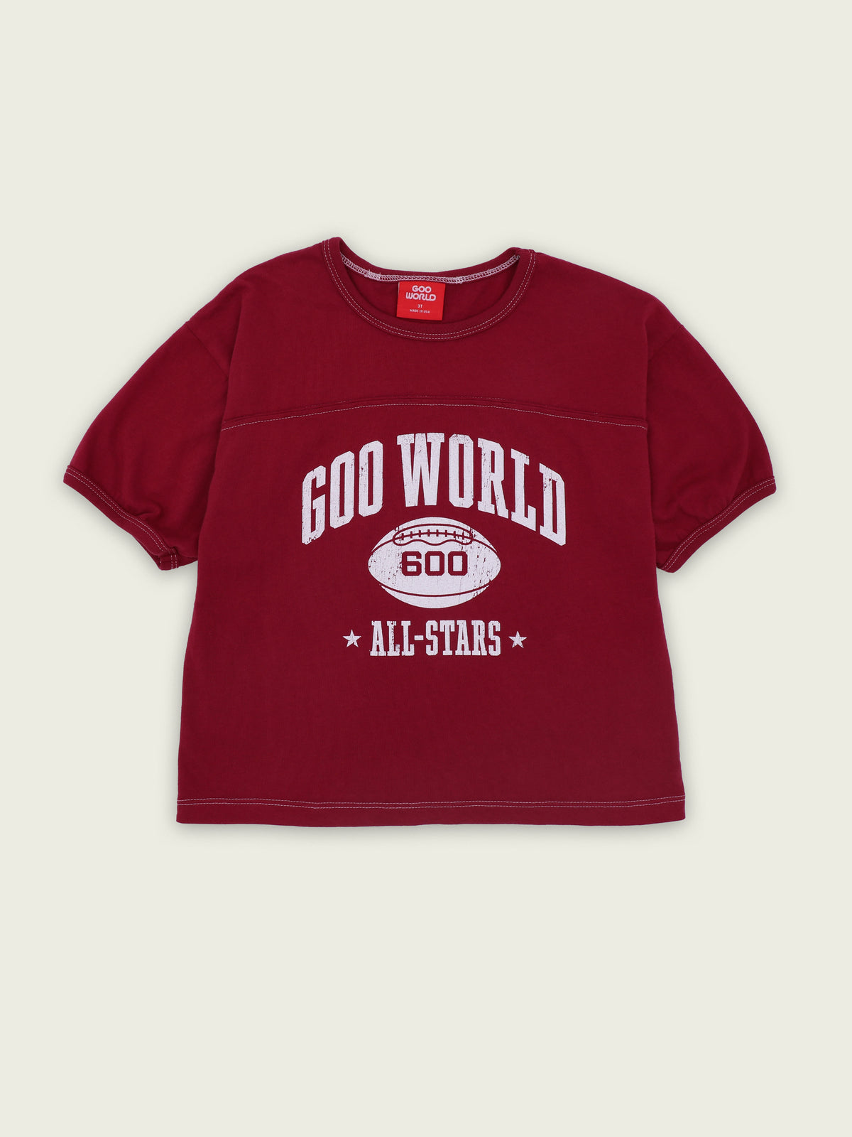 Burgundy 100% cotton ringer T-shirt with Goo World All-Stars football graphic
