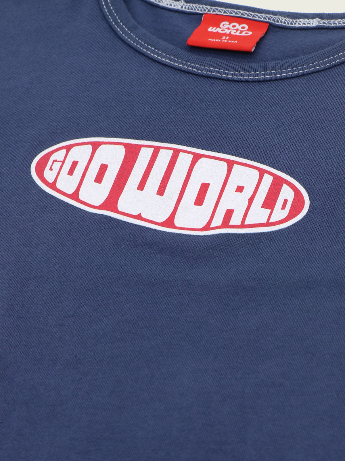 GOO WORLD oval logo printed on blue cotton ringer T-shirt with contrast stitching