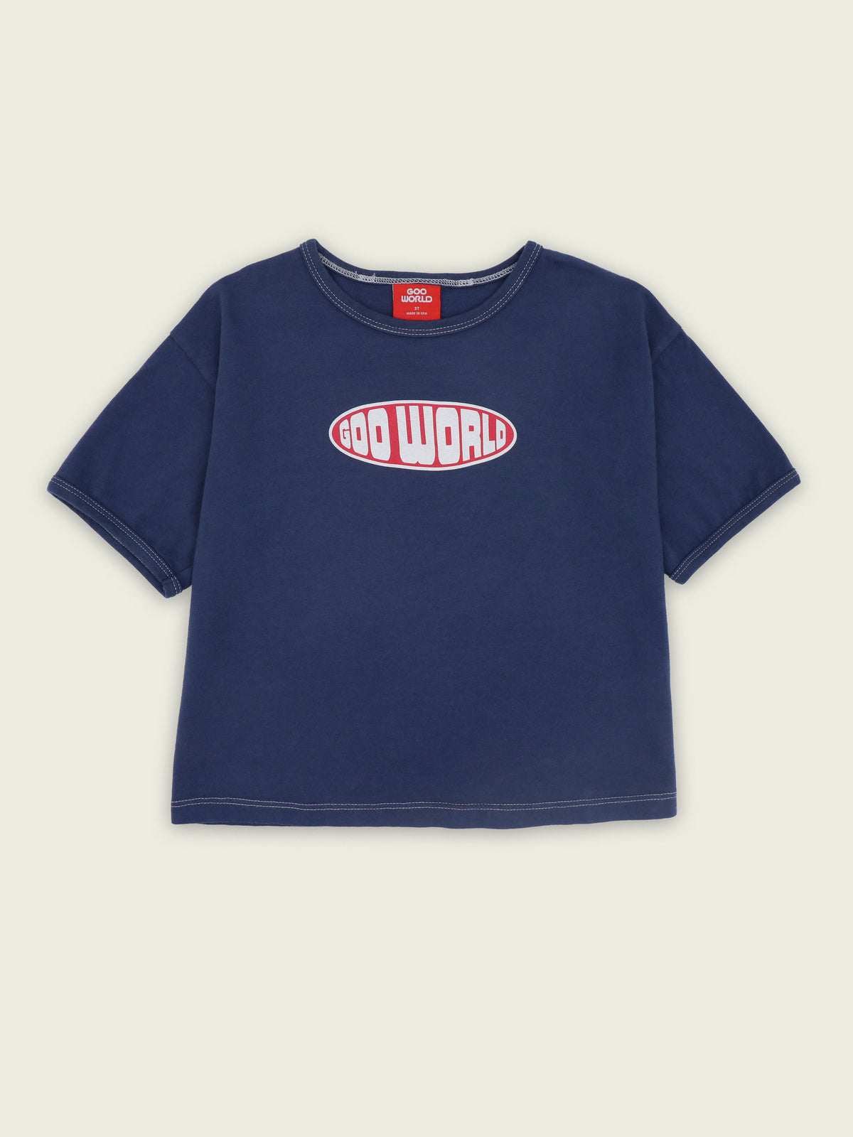 Blue 100% cotton ringer T-shirt with GOO WORLD oval logo