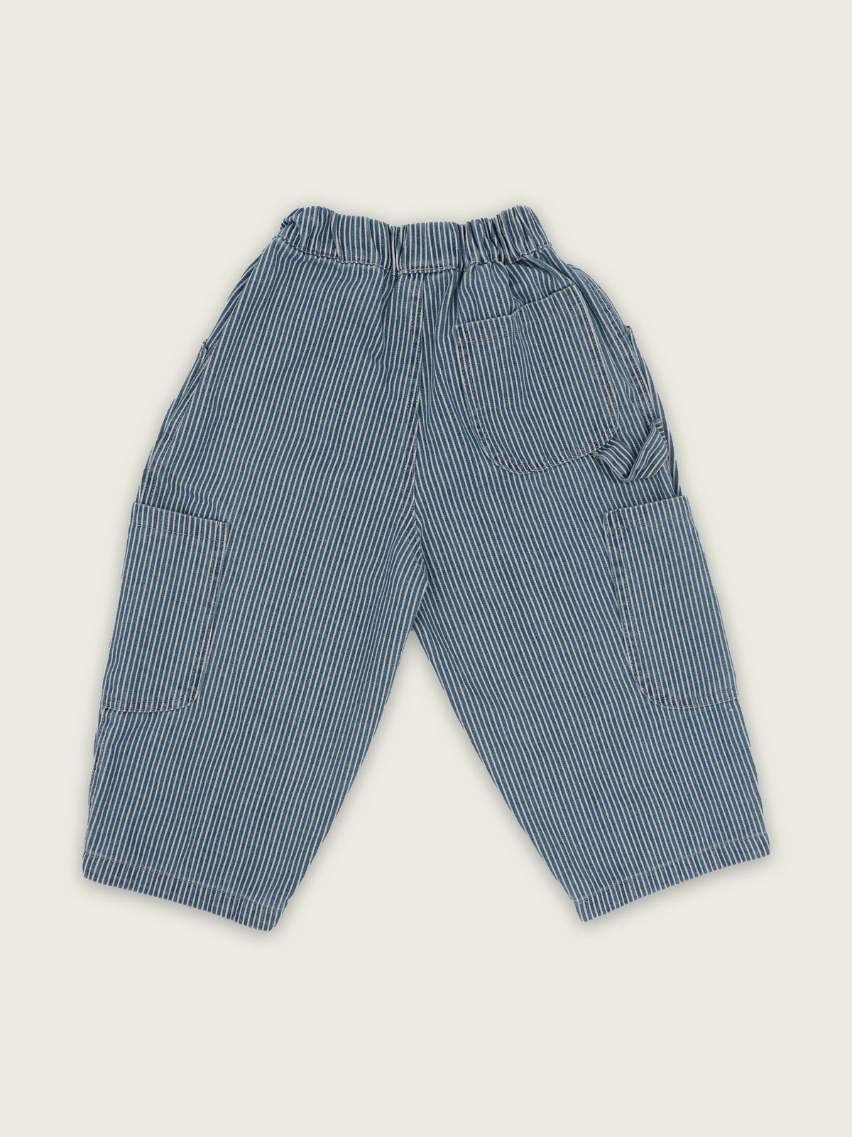 Back of hickory stripe cotton pull-on jeans with patch pockets