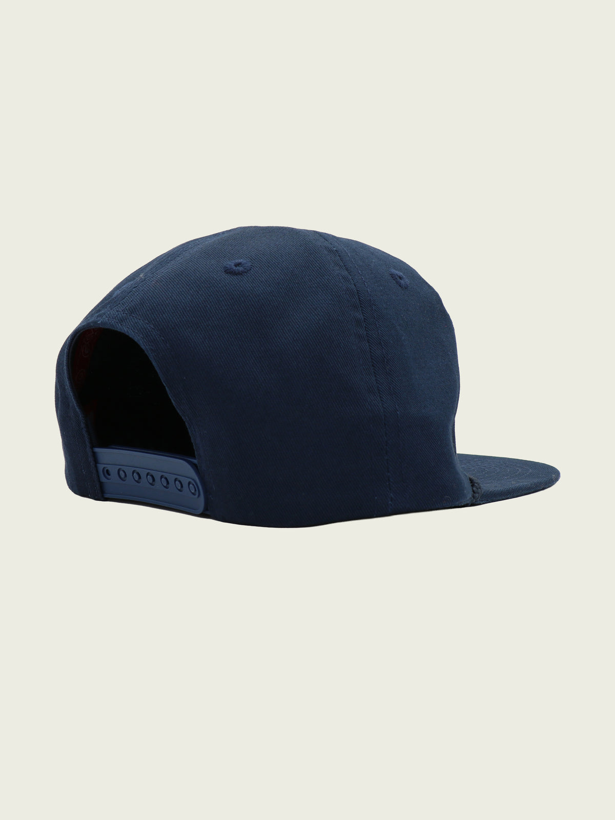 Back of navy cotton five-panel snapback hat
