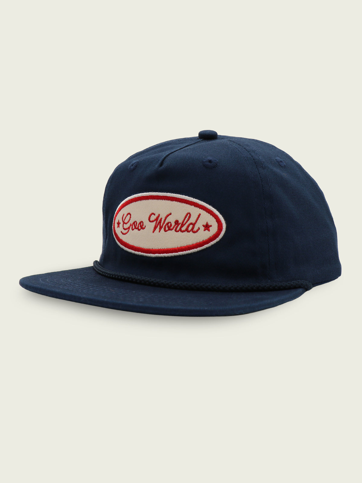 Navy 100% cotton five-panel snapback with rope trim and embroidered GOO WORLD mechanic's patch