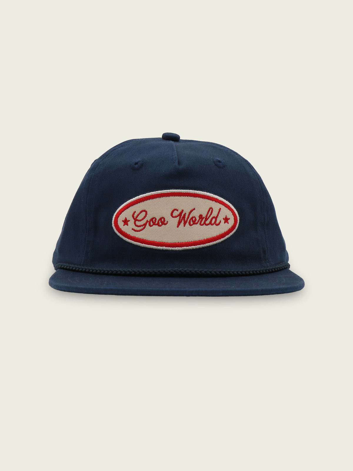 Navy 100% cotton five-panel snapback with rope trim and embroidered Goo World mechanic's patch