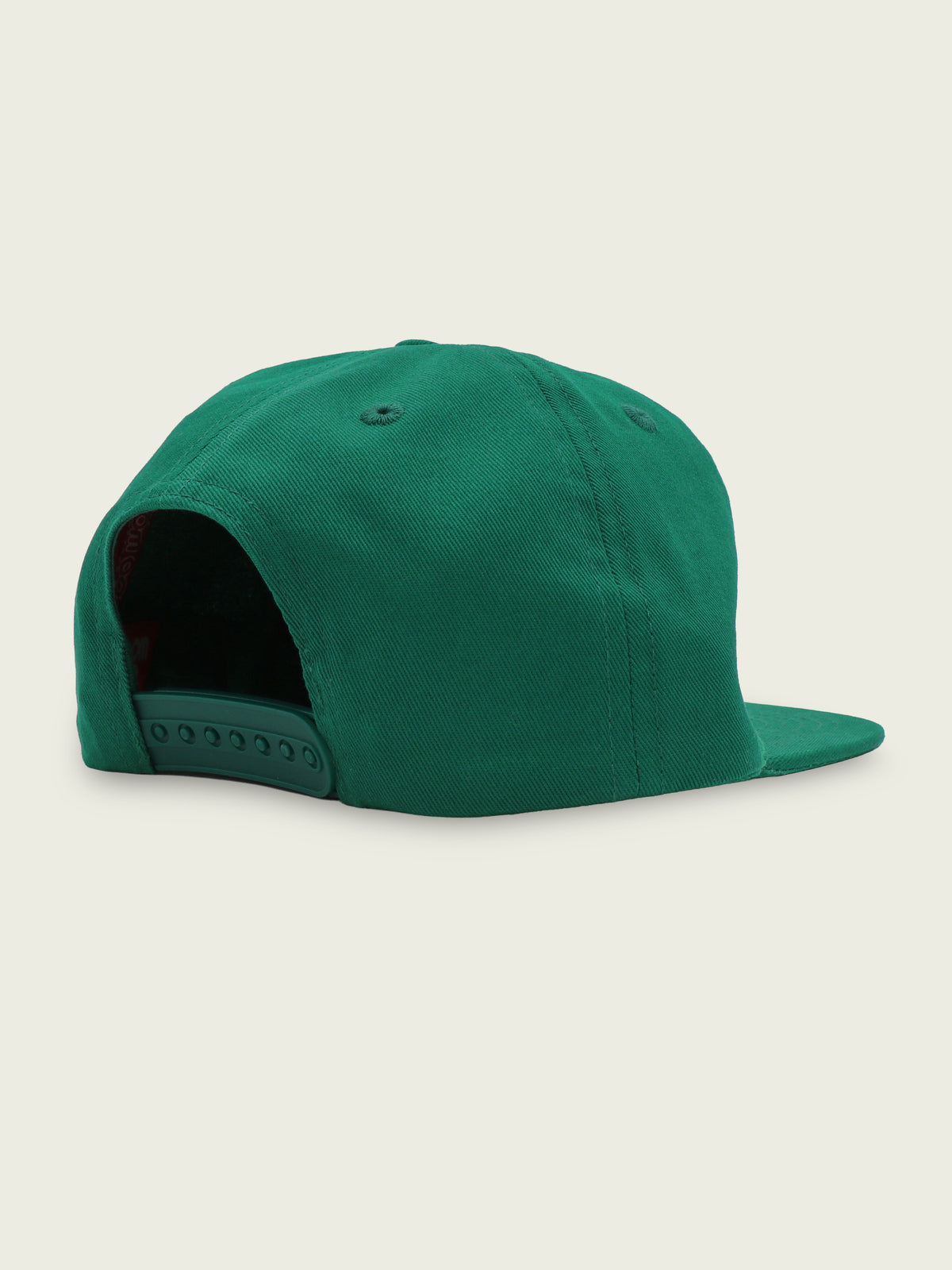Back of green cotton five-panel snapback hat
