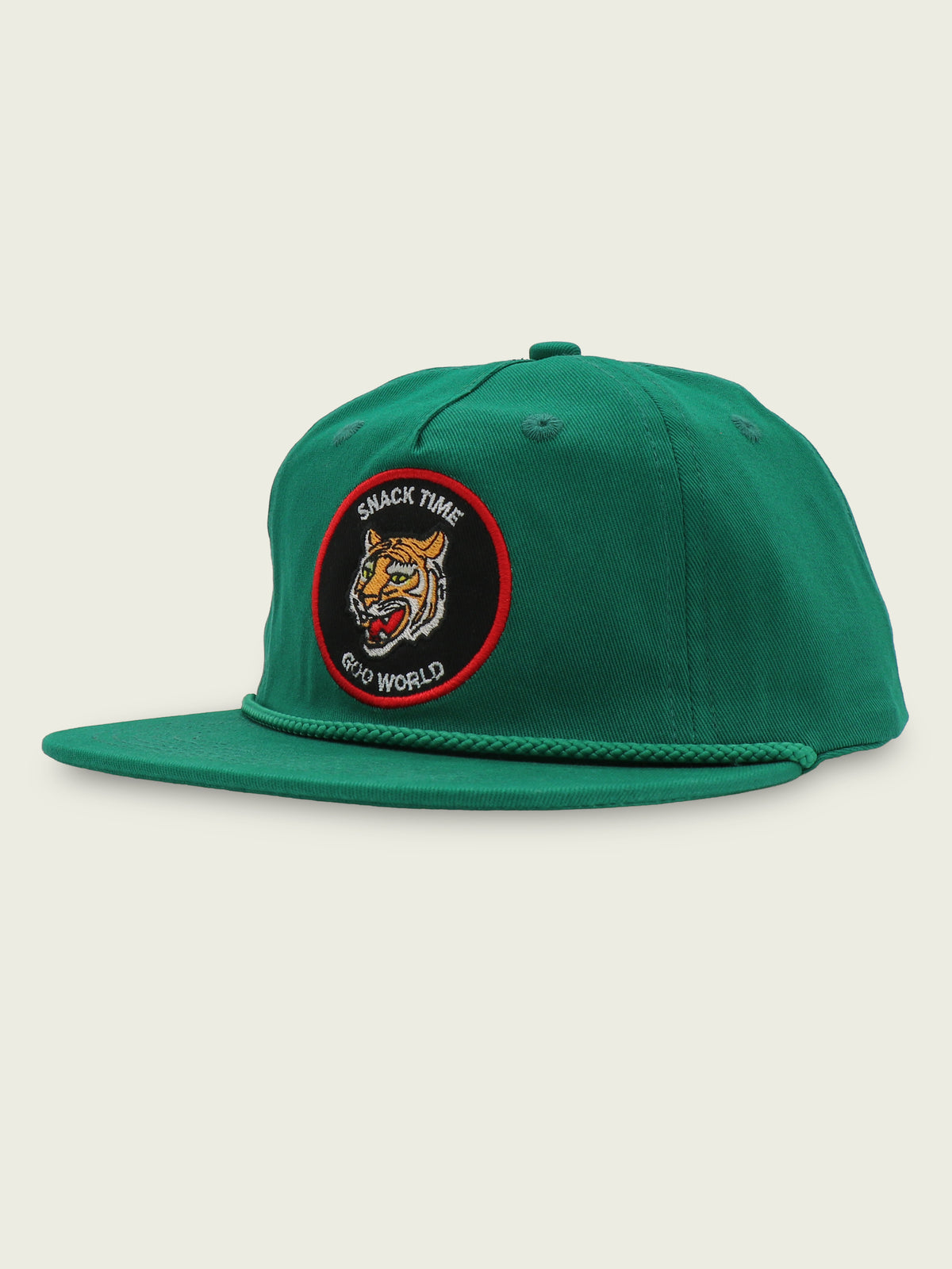 Green 100% cotton five-panel snapback with rope trim and embroidered Snack Time tiger patch
