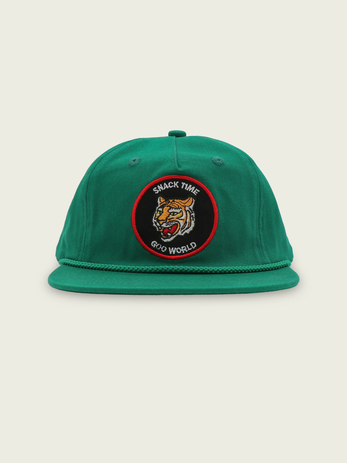Green 100% cotton five-panel snapback with rope trim and embroidered Snack Time tiger patch